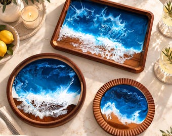 Create Your Own Set, Acacie Wood Resin Ocean Wave Decorative Tray and Plate