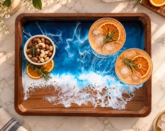 Ocean Resin Acacia Wood Serving Tray, Blue Coastal Decorative Tray