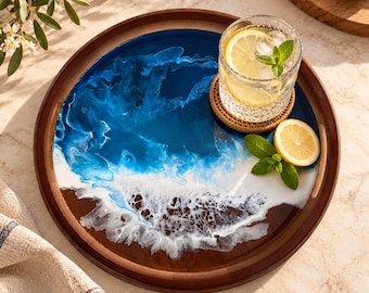 Acacia Wood Serving Tray with Ocean Resin, Coastal Style Home Accessory