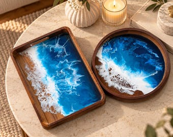 Serving Tray Set, Resin Ocean Acacia Wood Serving Tray, Decorative Tray for Beach Lovers