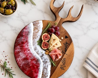Personalized Ocean Wave Antler Charcuterie Board, Acacia Wood  Resin Serving Board
