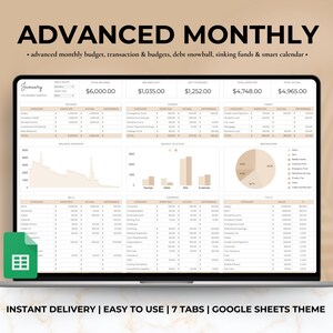 May include: A laptop screen displaying a Google Sheets spreadsheet with a beige and white color scheme. The spreadsheet is titled "Advanced Monthly" and includes tabs for budget, transactions, debt snowball, sinking funds, and a smart calendar. The spreadsheet includes a chart showing a balance overview, a pie chart showing a breakdown of funds, and several tables with data.