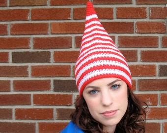 Candy Cane Hat - Red and White Stripes Halloween Christmas Elf Costume - Child or Adult Elf Hat