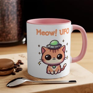 Meow!UFO|Cat with UFO on Head Cartoon Design|Colorful Accent Mugs, 11oz