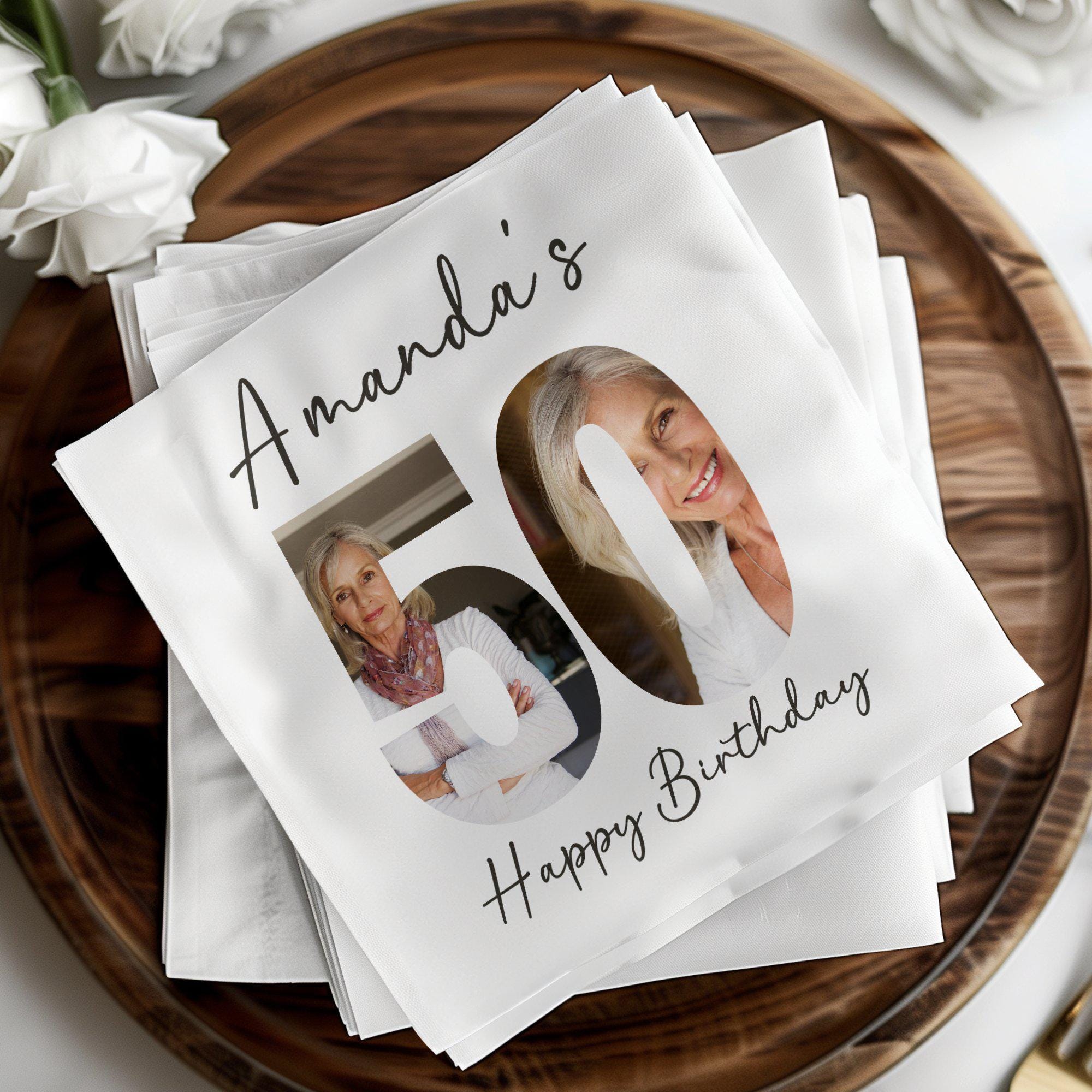 Tovaglioli di compleanno personalizzati con foto ritratto, tovaglioli personalizzati per il 50° compleanno, tovaglioli da cocktail personalizzati per il buon compleanno, tovaglioli personalizzati con
