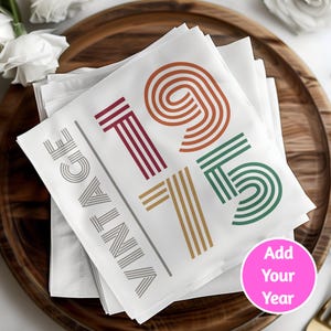 Custom Birthday Napkins, Vintage Year Cocktail Napkins, Personalized Birthday Decorations, Beverage Luncheon Napkins, Birthday Party Decor