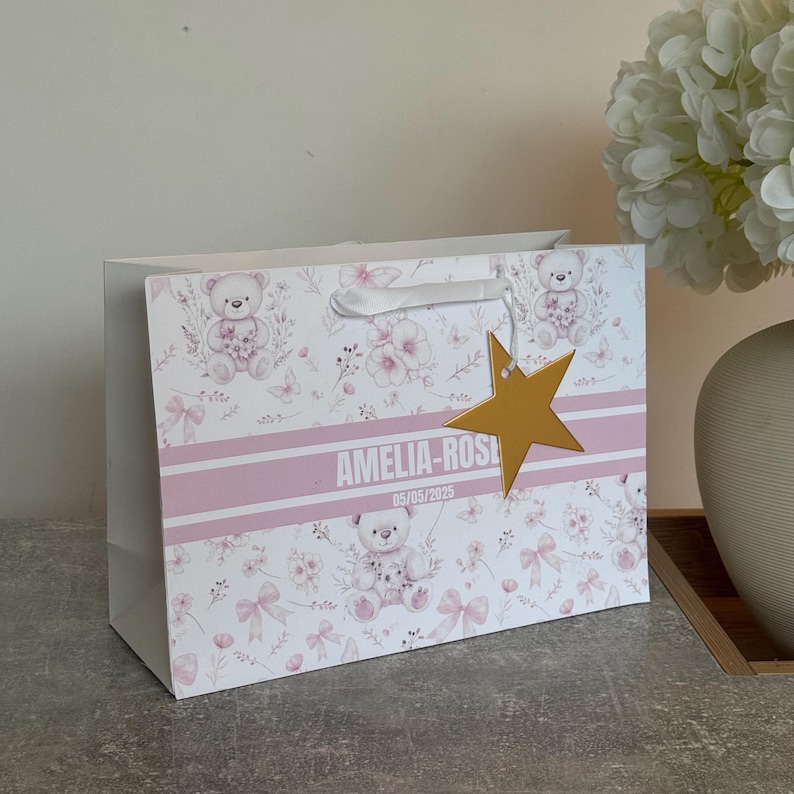 Personalised Paper Gift Bags | Custom Name Luxury Gift Wrapping | Reusable Gift Bag Teddy Rose