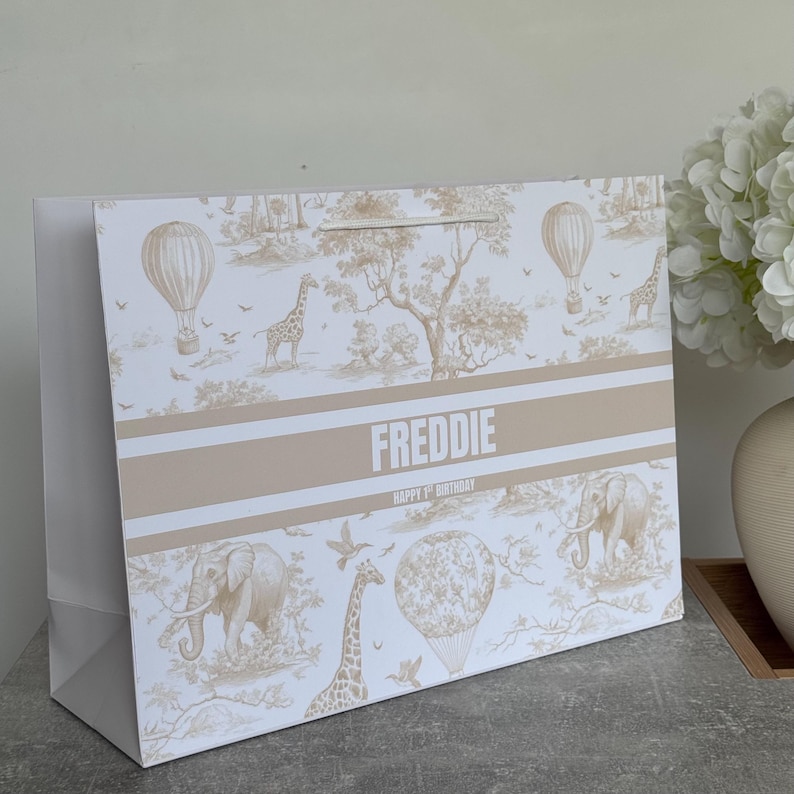 Personalised Paper Gift Bags | Custom Name Luxury Gift Wrapping | Reusable Gift Bag Beige Safari