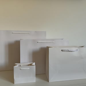 May include: Four white gift bags of varying sizes are arranged on a white surface. Each bag has a matching white handle. The bags are empty and have a glossy finish, suggesting they are made of paper or cardstock.
