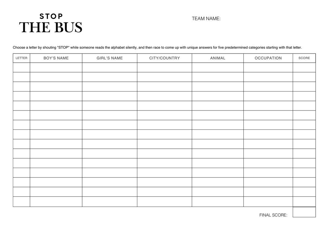 Stop The Bus Worksheet.pdf Stop the Bus - Game Sheets - Etsy