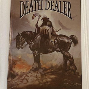 May include: A comic book cover titled "Death Dealer" by Glenn Danzig, Frank Frazetta, and Liam Sharp. The cover art depicts a warrior on horseback, holding a scythe, with a shield. The color palette is dominated by browns and grays.