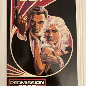 May include: A comic book cover titled Ian Fleming's James Bond 007 Permission to Die written and illustrated by Mike Grell. The artwork features a man in a tuxedo holding a handgun and a woman with blonde hair, set against a black and purple background.