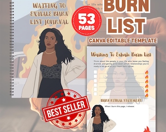 May include: A spiral-bound journal titled "Waiting to Exhale Burn List Journal" with a woman illustration. The journal has 53 pages and is a Canva editable template. A "Best Seller" seal is visible.