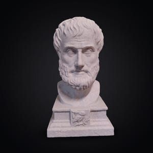 Può includere: Un busto in pietra grigio chiaro di un uomo barbuto con capelli ondulati, posto su una base quadrata. La parte anteriore del piedistallo presenta un piccolo rilievo scolpito di un gufo appollaiato su un ramo, in materiale opaco e maculato.