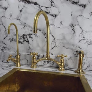 Unlacquered Brass Kitchen Faucet – Bridge Design Victorian Style with Side Sprayer – Solid Brass Fixture