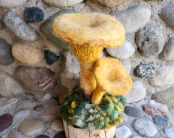 Chanterelle  Mushroom Sculpture, Needle felted wool