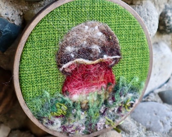 Scarletina Bolete Mushroom Felted Wool Fiber Art Painting, 5.5” beech embroidery hoop