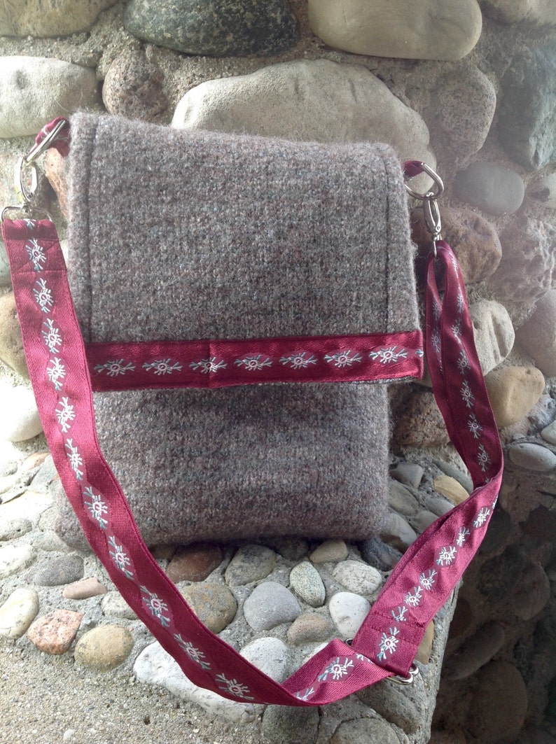 Steely Gray and Garnet Recycled Silk and Felted Wool Cross Body Messenger Bag handmade in USA
