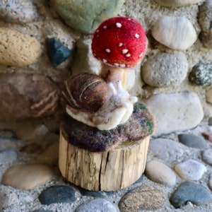 Fly Agaric Mushroom with Snail Sculpture on Black Locust slab, Red and White needle felted wool fungi model