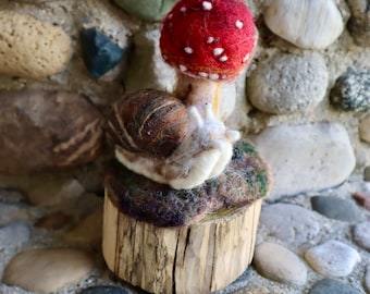 Fly Agaric Mushroom with Snail Sculpture on Black Locust slab, Red and White needle felted wool fungi model