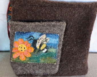 Felted Bee and Daisy Chocolate Brown Wool Messenger Bag, Over the Shoulder Computer Bag, Flowers and Bee Bag