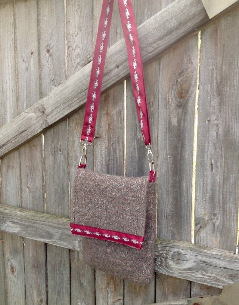 Steely Gray and Garnet Recycled Silk and Felted Wool Cross Body Messenger Bag handmade in USA