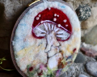 Fairy Tale Fly Agaric Mushroom Felted Wool Fiber Art Painting, 5.5” beech embroidery hoop