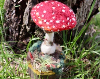 Fly Agaric Mushroom Sculpture, Red and White needle felted wool fungi model
