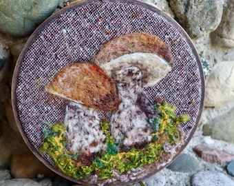 Birch Bolete Mushroom Felted Wool Fiber Art Painting, 6.5” beech embroidery hoop