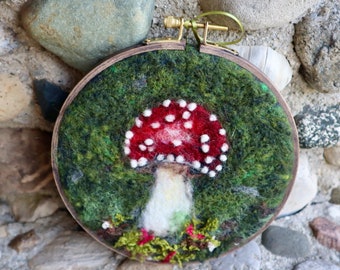 Young Fly Agaric Mushroom Felted Wool Fiber Art Painting, 6.5” beech embroidery hoop