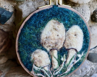 Meadow Mushroom Felted Wool Fiber Art Painting, 5.5” beech embroidery hoop