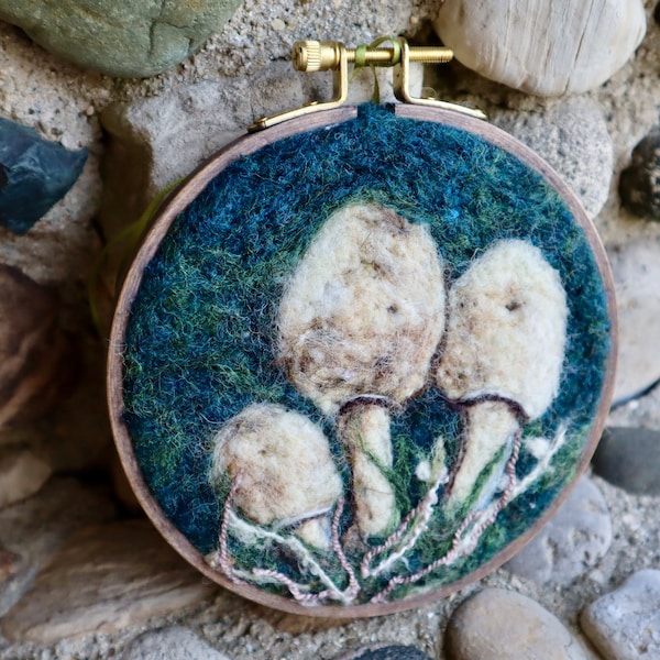 Meadow Mushroom Felted Wool Fiber Art Painting, 5.5” beech embroidery hoop