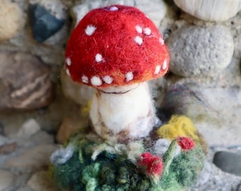 Young Fly Agaric Mushroom Sculpture on Cherry slab, Red and White needle felted wool fungi model