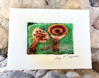 Needle Felted Mushroom Art Card, Tiger’s Eye, Framable Art, Handmade card