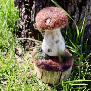 Penny Bun Porcini Mushroom Sculpture on Black Cherry wood slab, needle felted wool fungi model