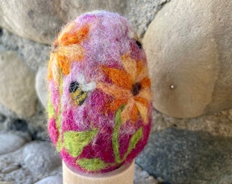 Needle Felted Wool Easter Egg, Sunflowers and Bees