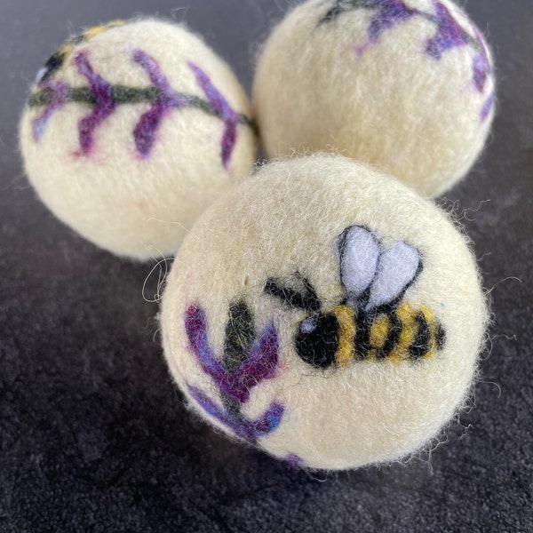 Bee on Lavender Felted Wool Dryer Ball, Botanical Art, Flower Decor, Farm Market