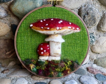 3D Fly Agaric Mushroom Felted Wool Fiber Art Painting, 7.5” beech embroidery hoop