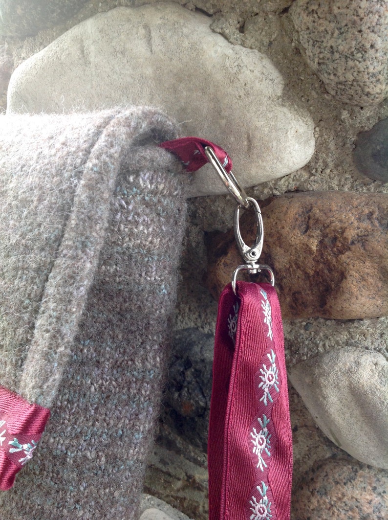 Steely Gray and Garnet Recycled Silk and Felted Wool Cross Body Messenger Bag handmade in USA