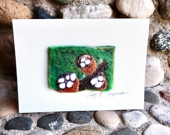 Needle Felted Mushroom Art Card, White-Egg Bird’s Nest, Framable Art, Fungi Wool Painting