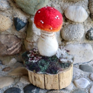 Young Fly Agaric Mushroom Sculpture, Red and White needle felted wool fungi model