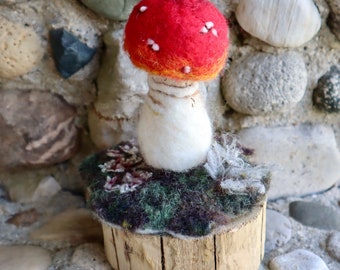 Young Fly Agaric Mushroom Sculpture, Red and White needle felted wool fungi model