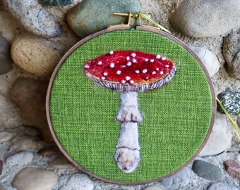 Fly Agaric Mushroom Felted Wool Fiber Art Painting, 7.5” beech embroidery hoop