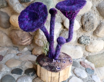 Amethyst Deceiver Mushroom Sculpture, Needle felted wool