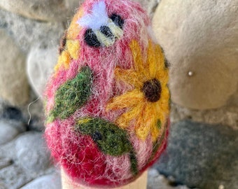 Needle Felted Wool Easter Egg, Sunflowers and Bees on Red