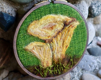 Chanterelle Mushroom Felted Wool Fiber Art Painting, 5.5” beech embroidery hoop