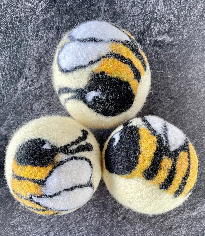 Bee Honeybee Bumblebee Felted Wool Dryer Ball, Farm Toy, Insect Decor, Dryer Ball Set image 1