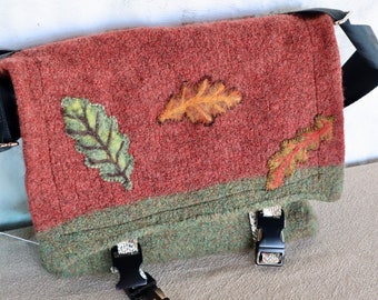 Falling Oak Leaves Khaki Green and Rust Brown Knit and Felted Wool Messenger Bag, Over the Shoulder Bag