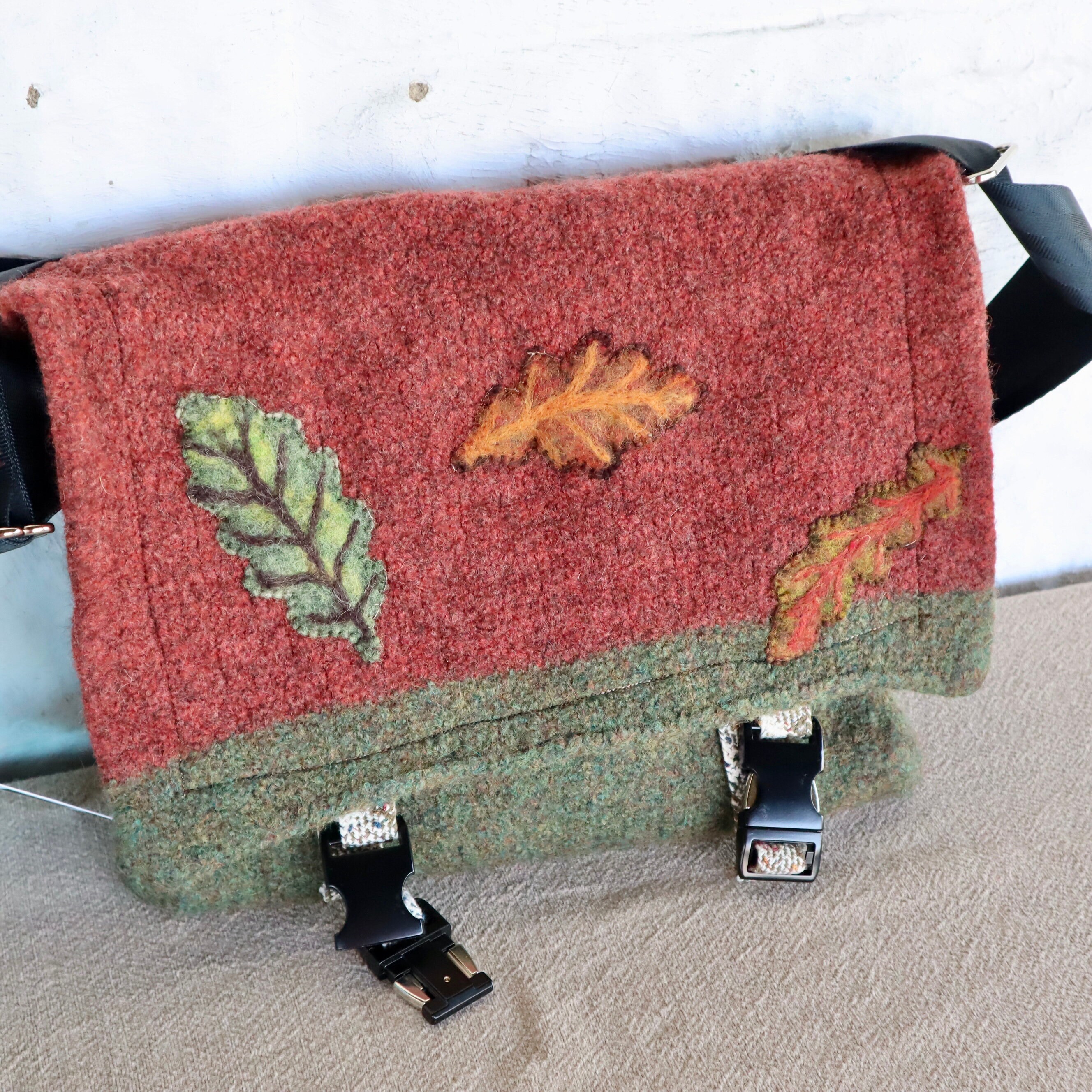 Felted Wool Messenger Bag: Khaki Green and Rust Oak Leaf Design