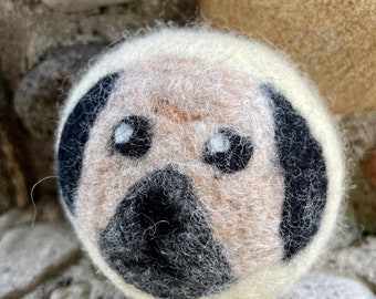 Pug Felted Wool Dryer Ball, Dog and Puppy Decor, Eco Dryer Ball Set, Natural Laundry, Dog Toy Custom Pet Gift